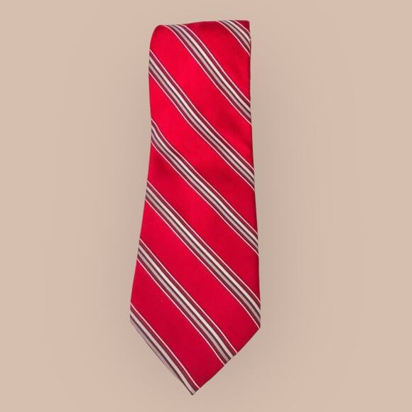 Bugatti Red & Grey Beige Striped Silk Tie Hand Sewn with Logo - Picture 1 of 6